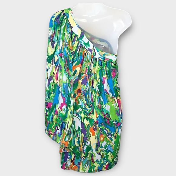 SINGLE DRESS One-Shoulder 100% Silk Mini in Vibrant Abstract Print Size Small - Picture 3 of 6